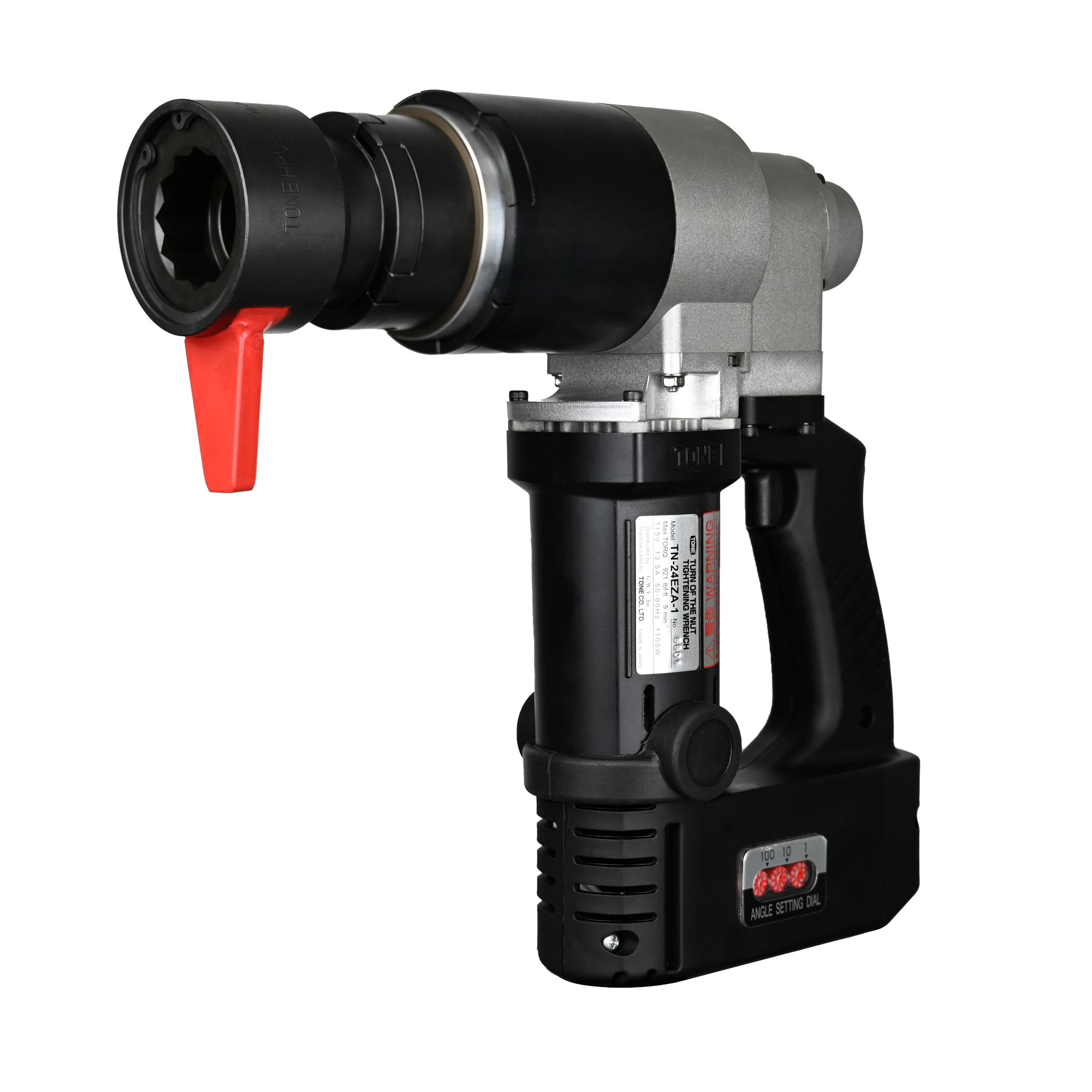 TN-24EZA 360-03 The TONE TN-24EZA Turn-of-Nut Wrench is a cordless electric tool featuring a black and silver body with a red lever attachment.