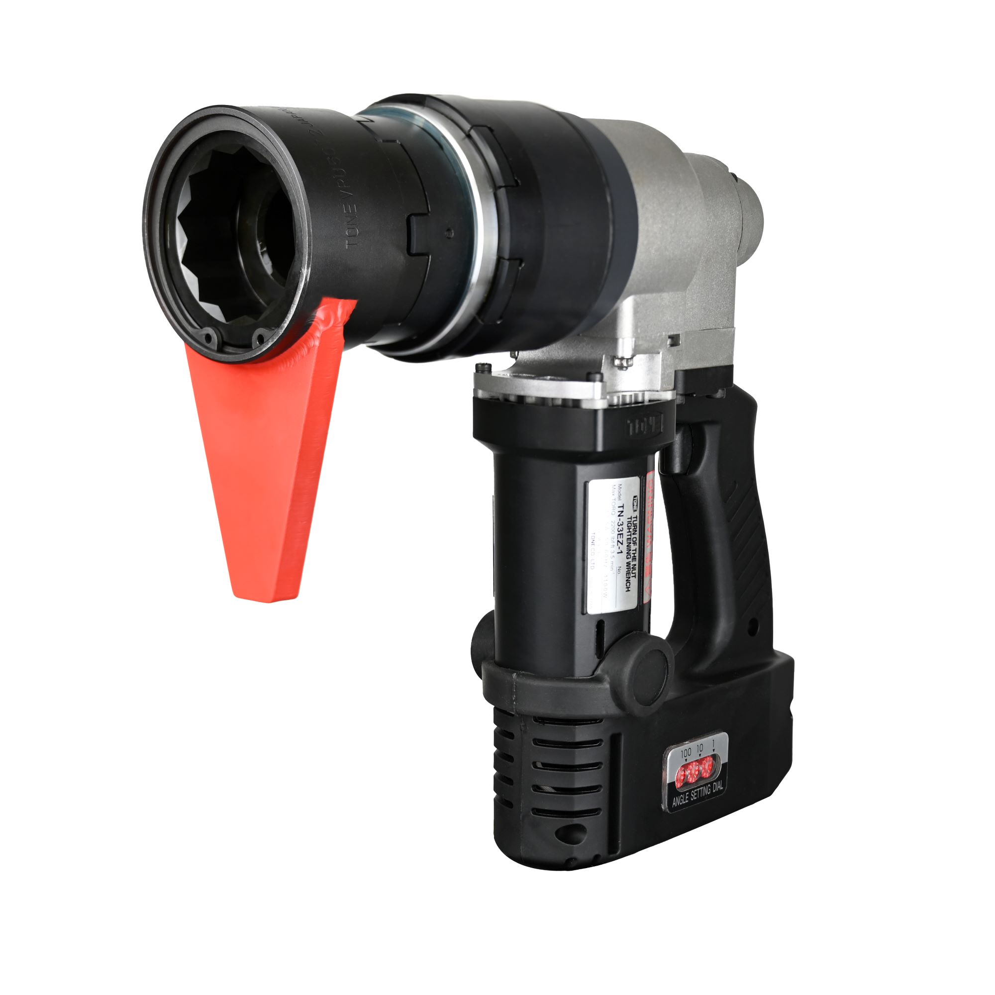 TN-33EZ Turn-of-Nut Wrench 360 The TONE TN-33EZ Turn-of-Nut Wrench is a cordless electric torque wrench with a black handle and red cover on the socket head.