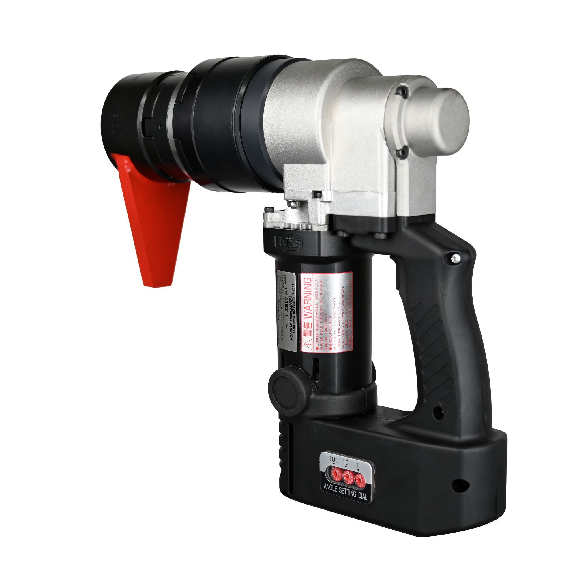 TN-33EZ Turn-of-Nut Wrench 360 The TONE TN-33EZ Turn-of-Nut Wrench is a cordless electric torque wrench featuring a black handle and a red safety cover on the socket head.
