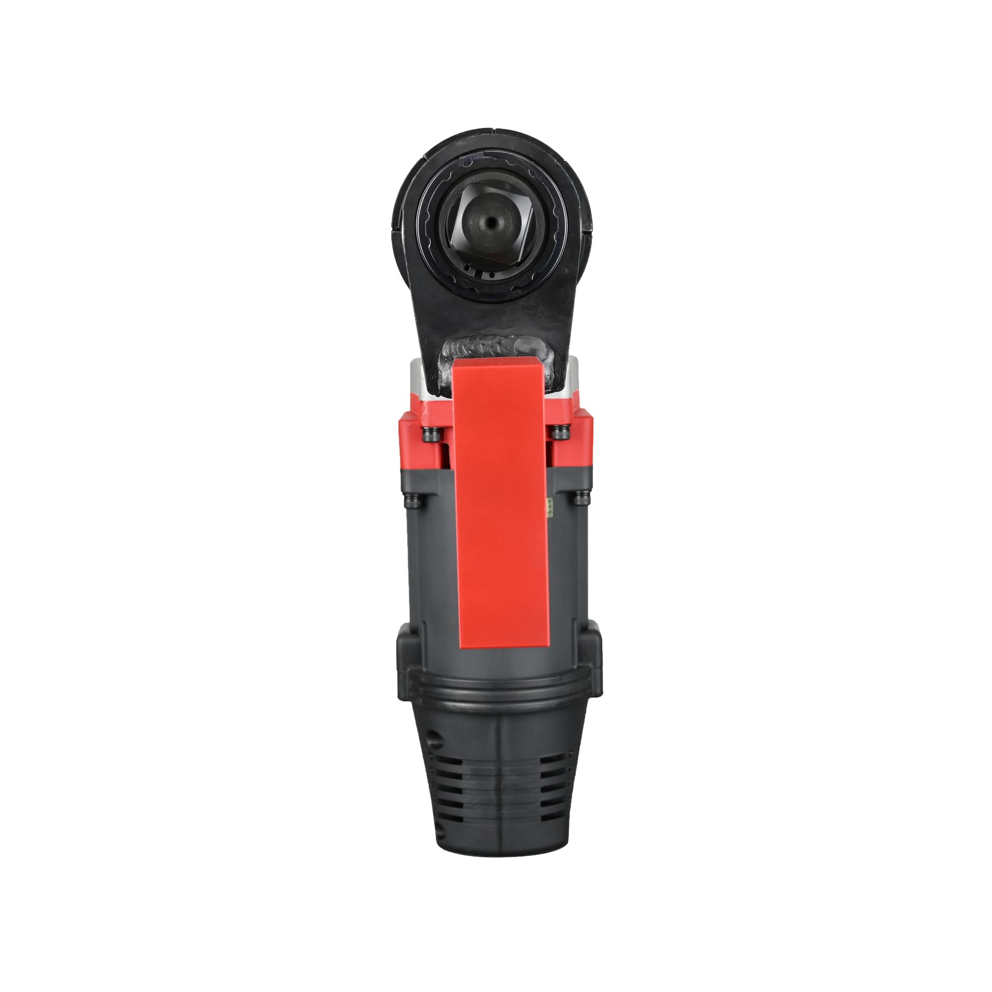 Compact action camera with red and black body and wide-angle lens mounted on white background.