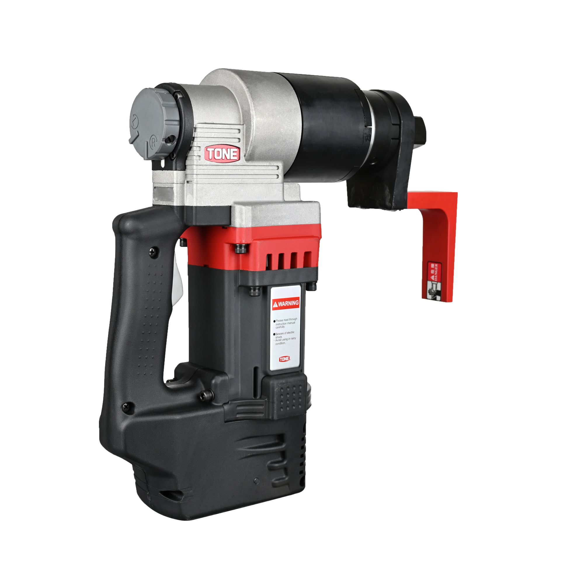 Portable electric rebar cutter with red and black housing and gray cutting head.
