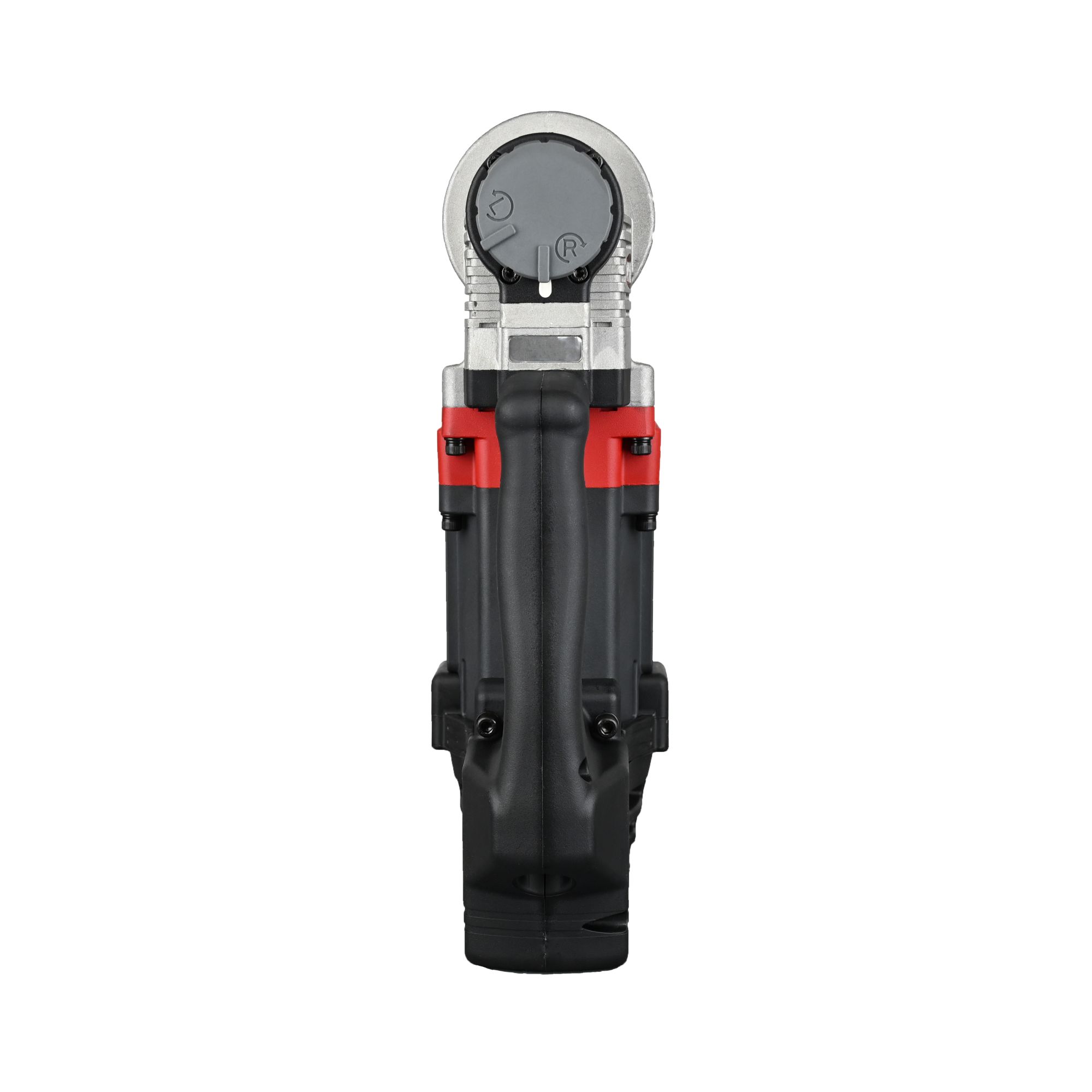Portable digital audio recorder with red and black body and transparent top dome.