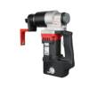 Portable rebar cutter with red and black housing, featuring a cylindrical cutting head and pressure.