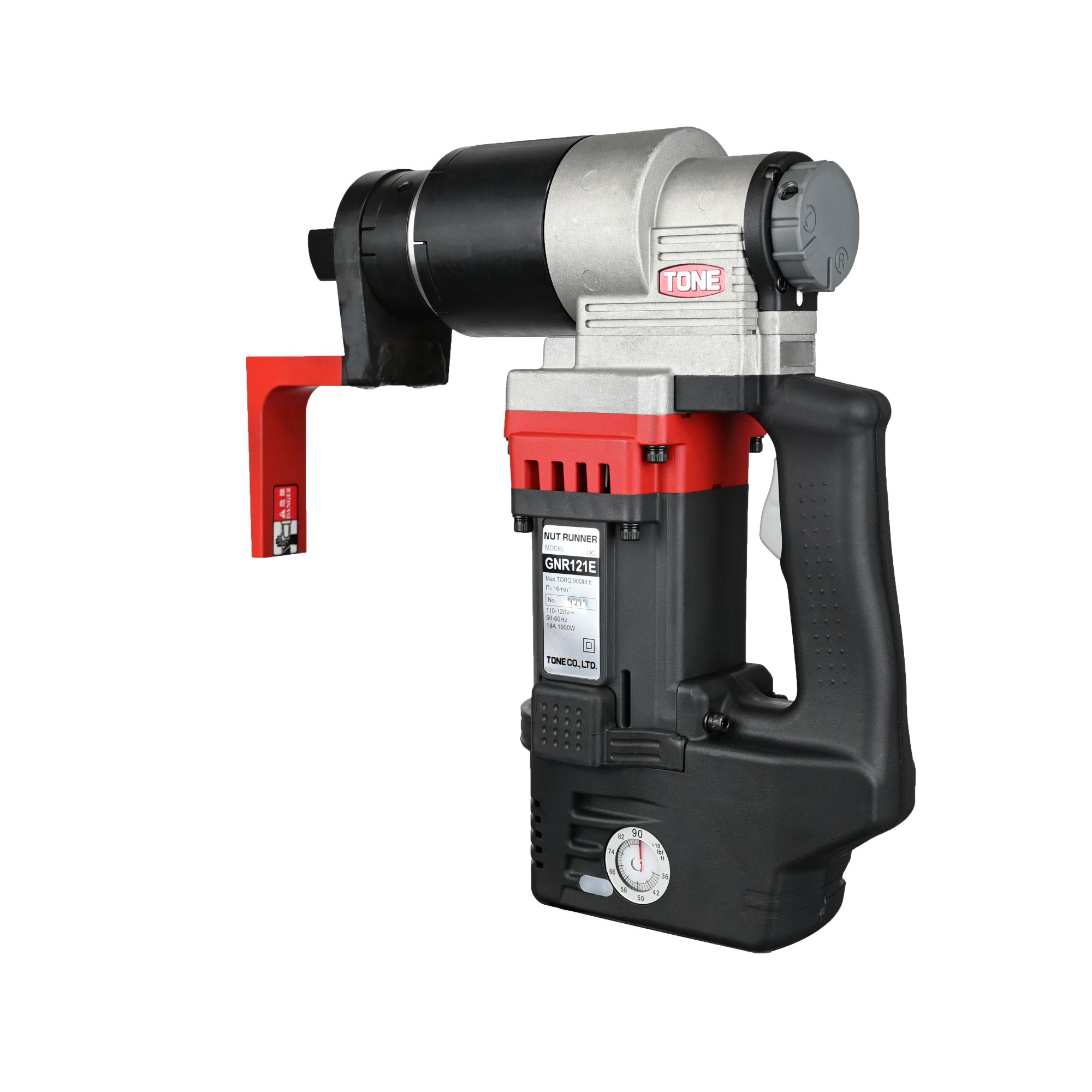 Portable rebar cutter with red and black housing, featuring a cylindrical cutting head and pressure.