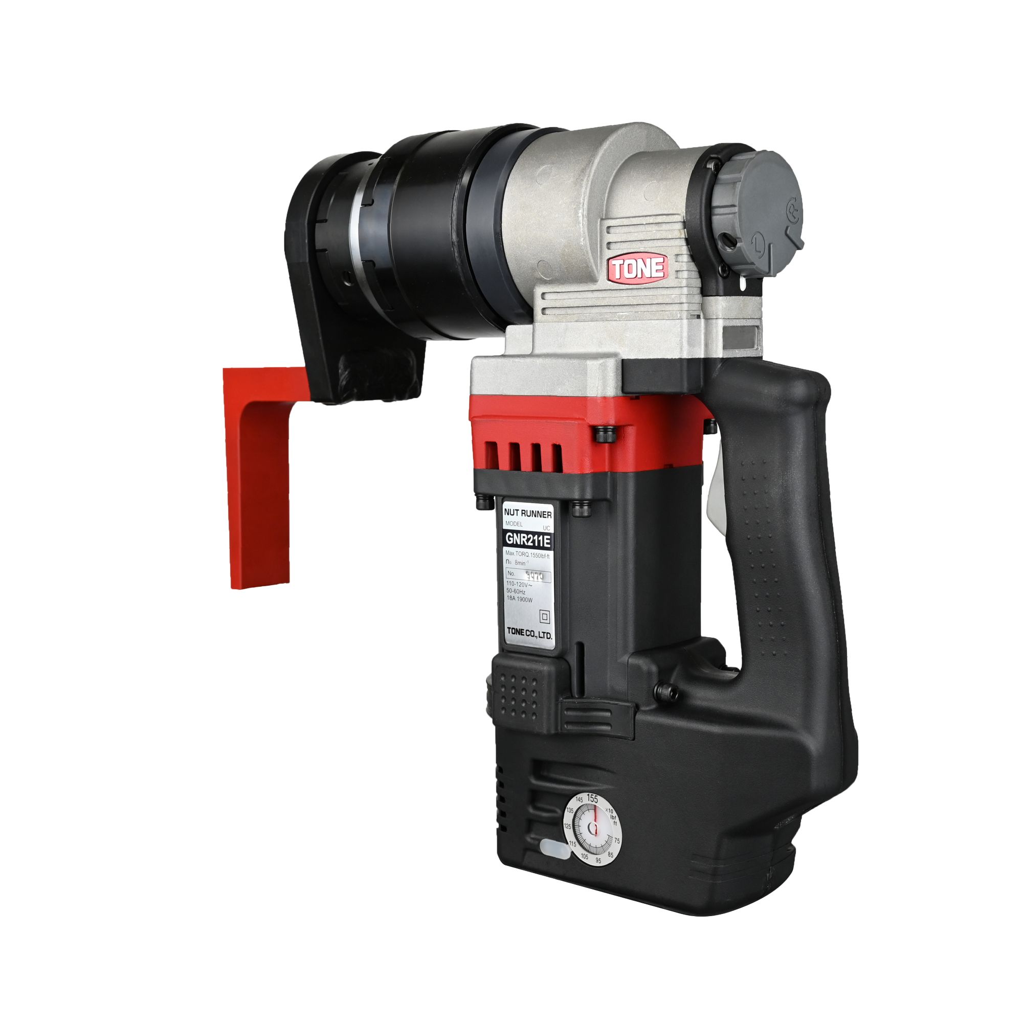 Red and black electric rotary hammer drill with side handle and dust collection attachment.