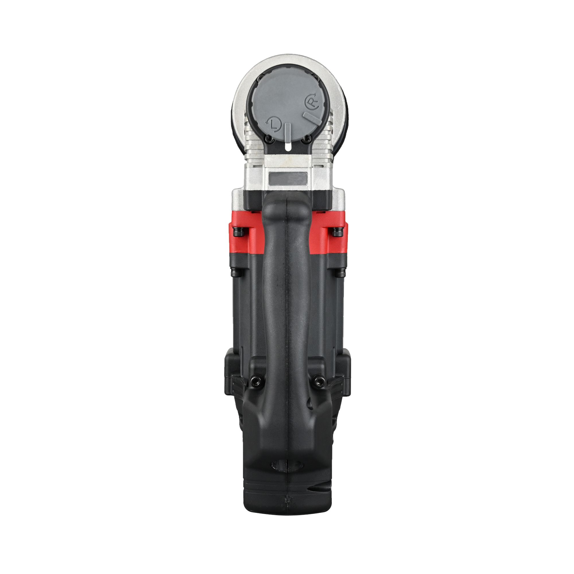 Handheld digital audio recorder with spherical microphone head and red grip bands.