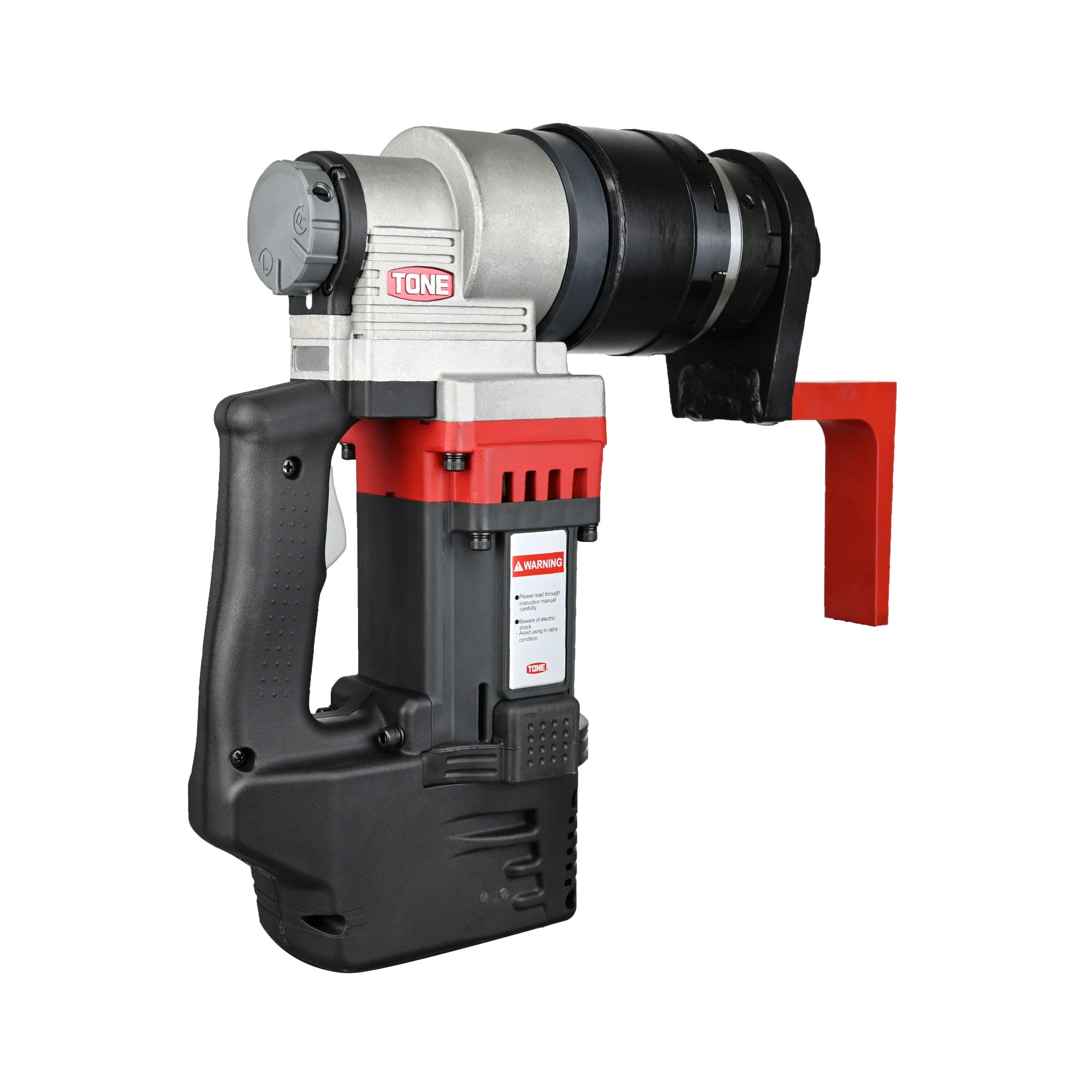 Red and black handheld power tool with cylindrical attachment and grip handle.