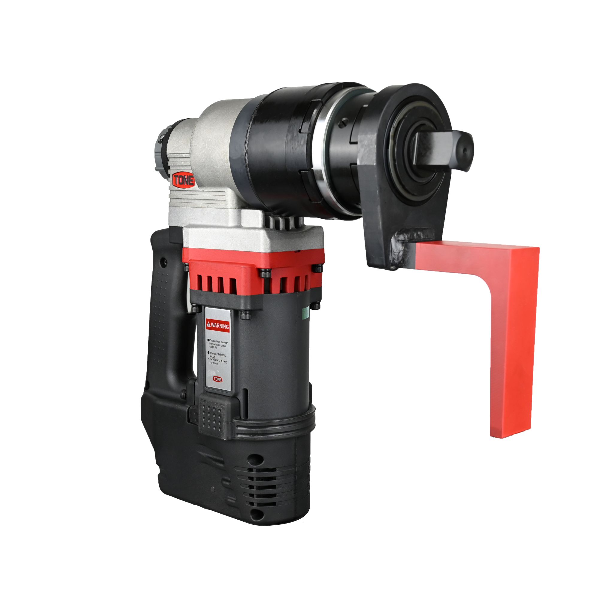 Portable electric concrete saw with red handle and black motor housing.