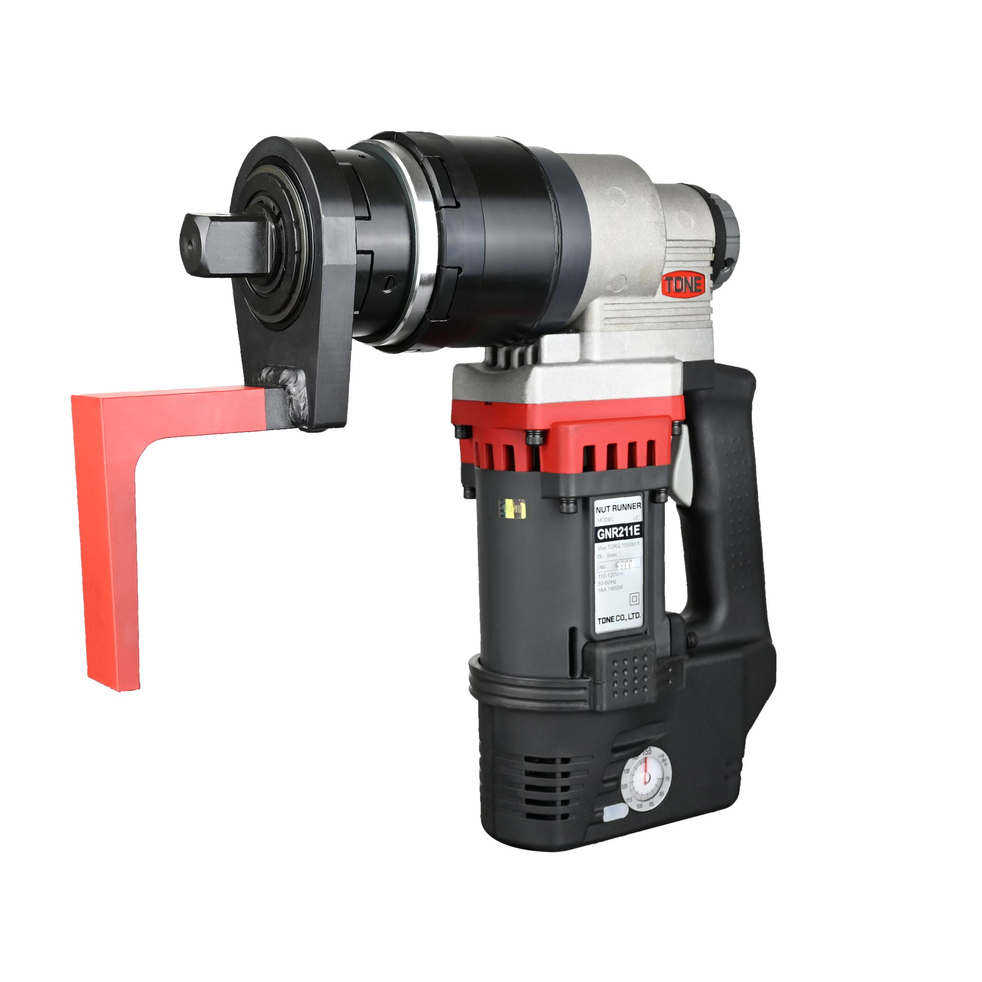 Portable electric impact wrench with red bracket attachment and black housing.