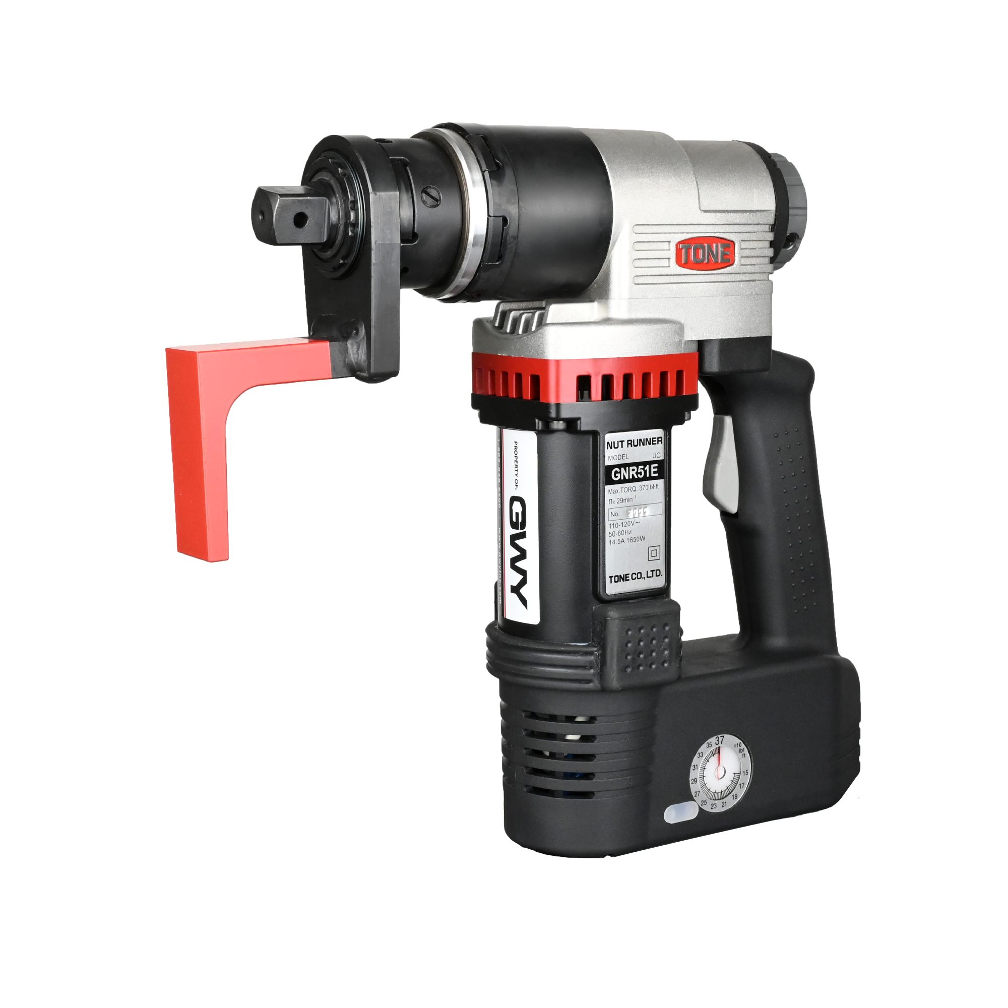 Portable nut runner power tool with red safety guard and black grip handle.