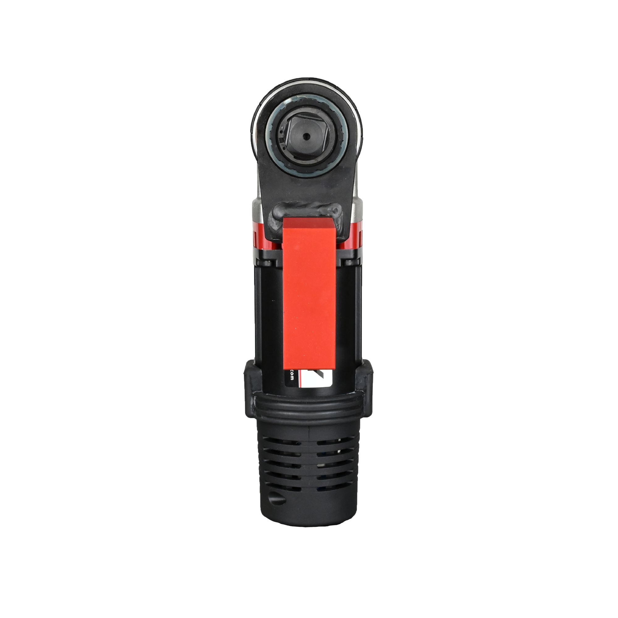 Black and red bicycle light with circular lens and textured grip handle.