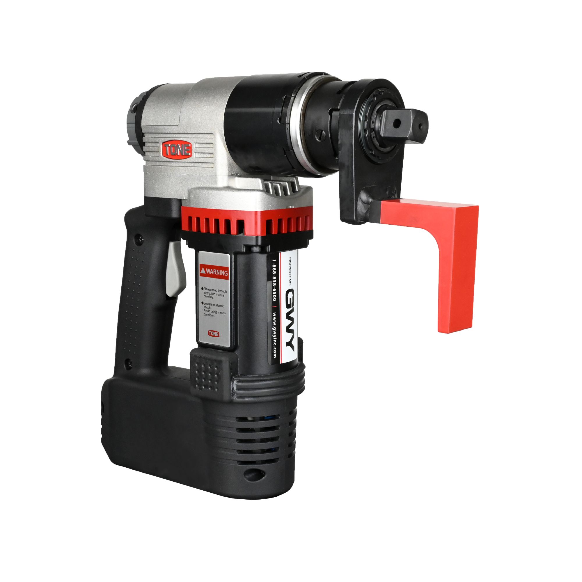 Cordless coil nailer with black grip, red handle, and silver motor housing.