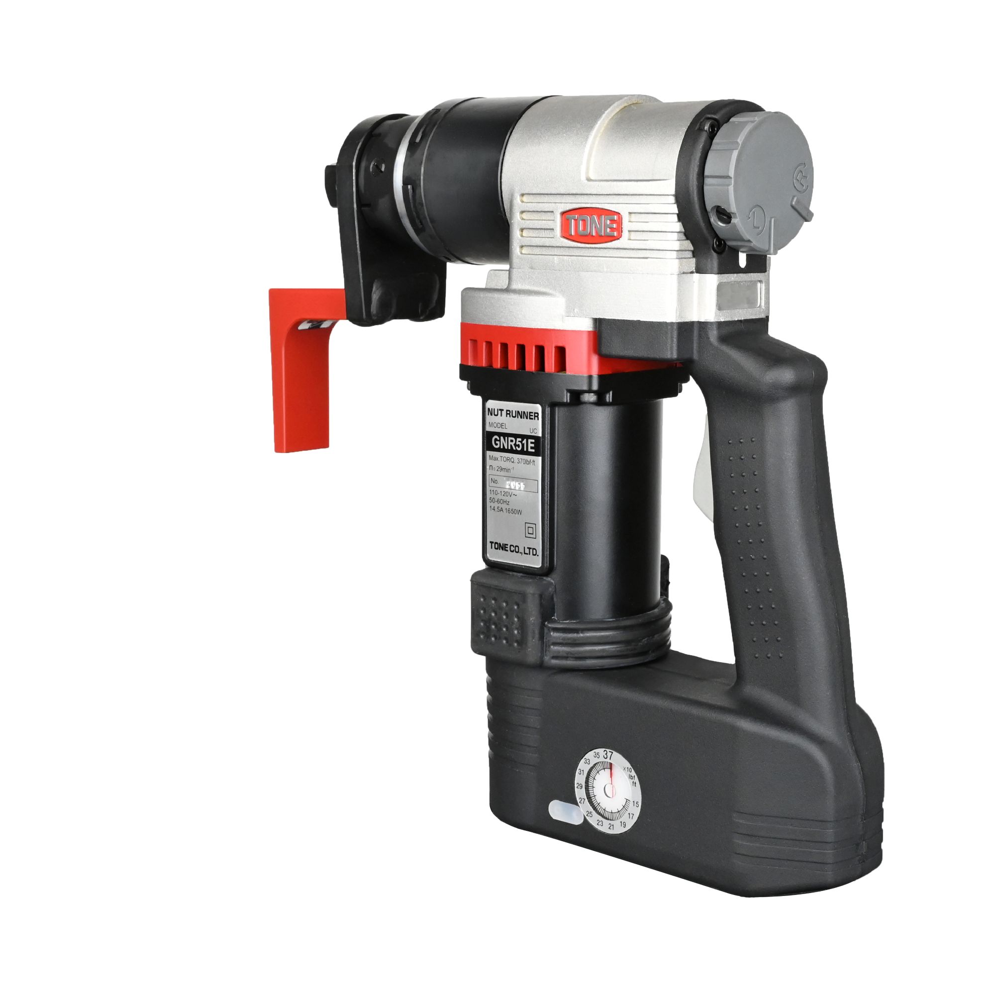 Handheld pneumatic nut runner tool with red and black housing and grip handle.