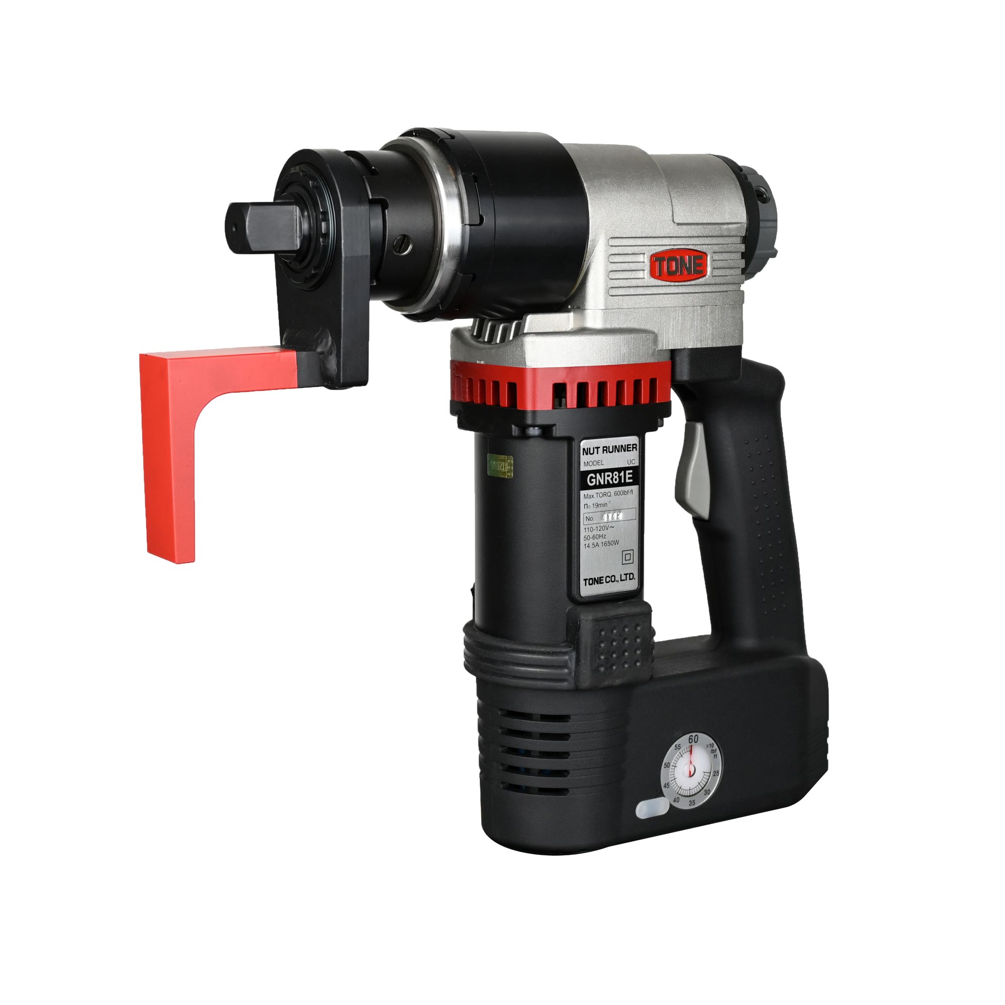Pneumatic nut runner tool with red bracket attachment and pressure gauge on handle.