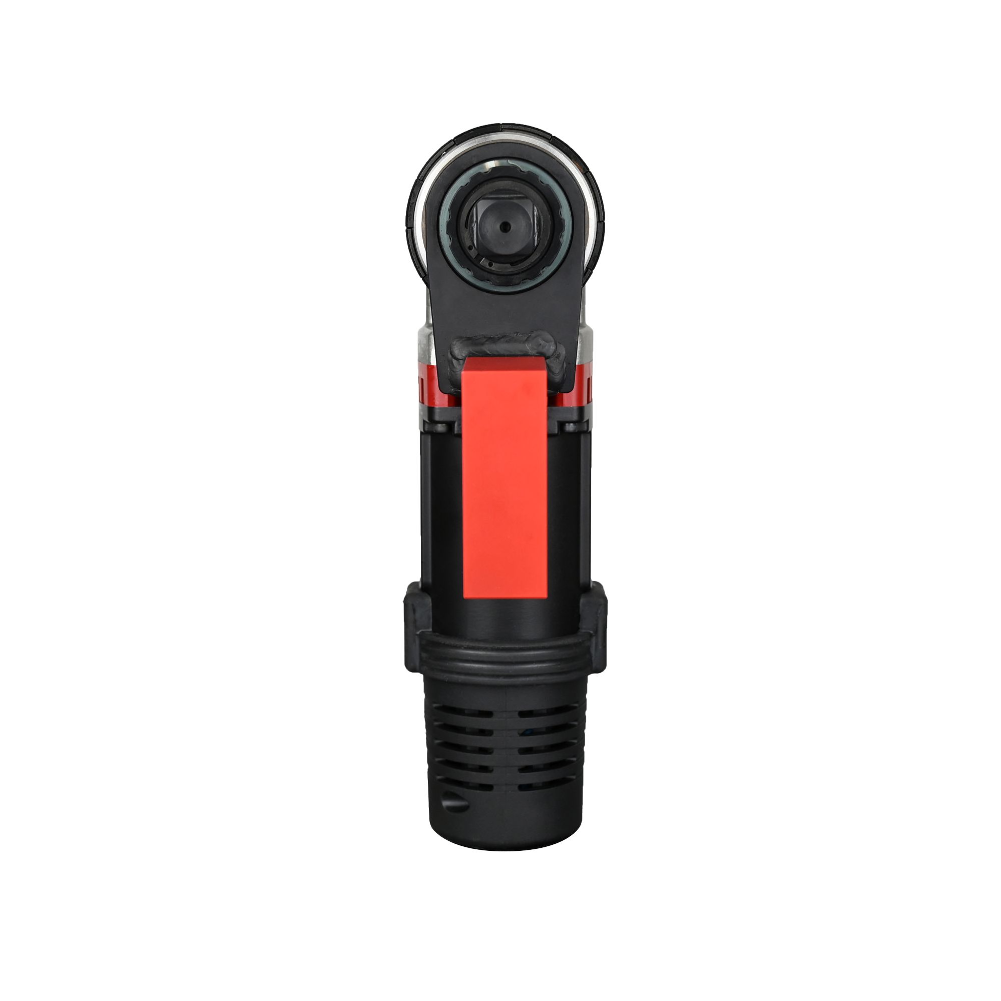 Compact action camera with red and black body and circular lens on white background.