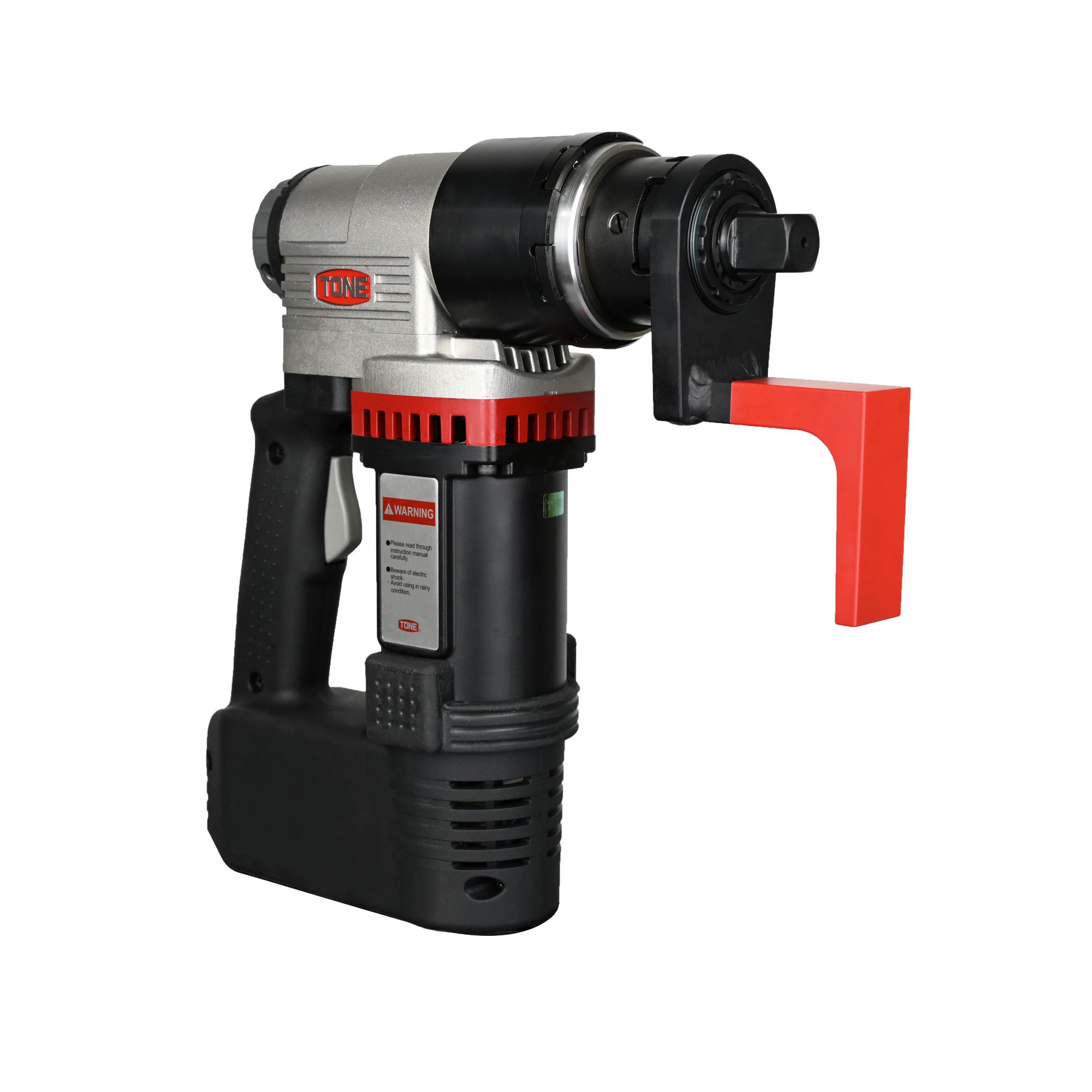 Handheld power tool with red and black housing, rotating head, and red handle guard.