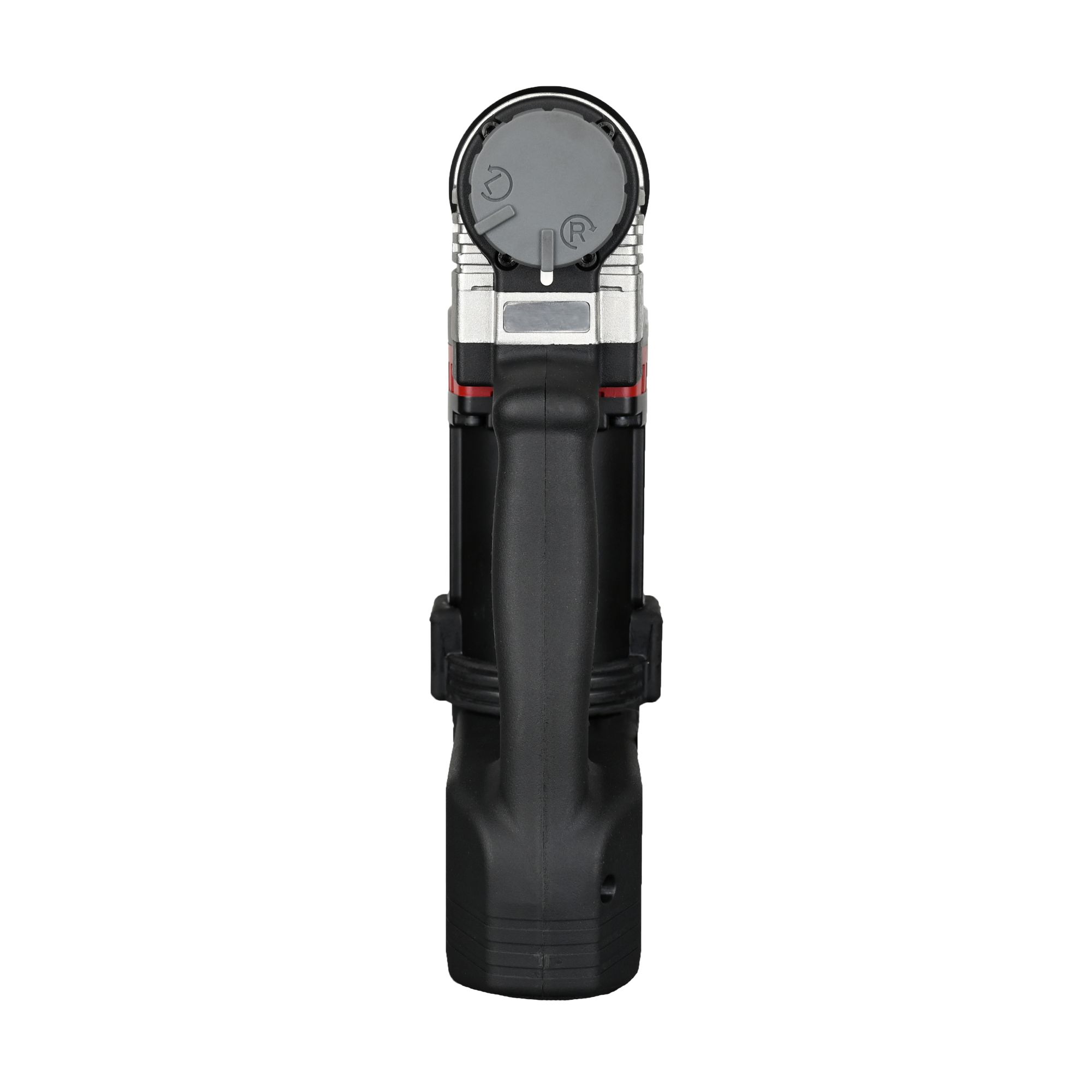 Black and silver handheld light meter with circular display and grip handle.