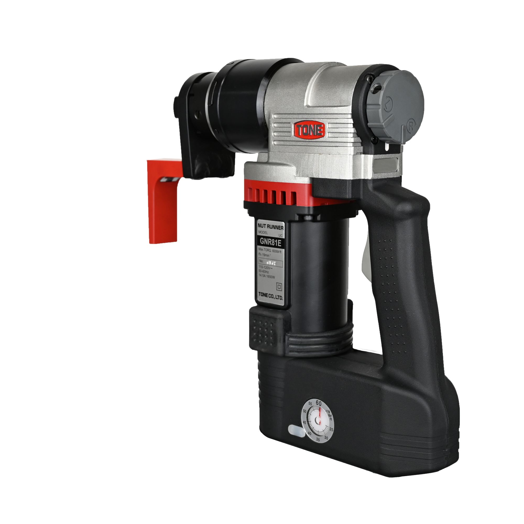 Black and red motorized gimbal stabilizer with silver top and hand grip.