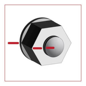 An illustration of a bolt and nut with red matchmarking lines drawn across both. The lines extend from the center of the bolt head, across the nut, and onto the depicted surface, illustrating the 'turn-of-nut' method used for indicating the initial position of the nut for assembly or maintenance purposes.