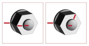 Two side-by-side images of a bolt and nut with matchmarking. The first image shows the initial position with a red line across the bolt and nut. The second image depicts the nut rotated 120 degrees from the starting point, indicated by the red line's new position. This visual aid demonstrates the required rotation for proper installation or tightening of a 1" diameter nut.