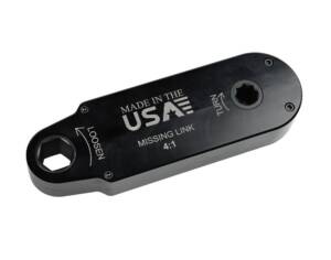Black bicycle missing link chain connector made in the USA with 4:1 ratio.